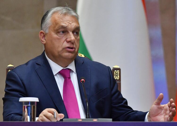 Hungarian Prime Minister Viktor Orban speaks during a meeting with Kyrgyz President Sadyr Japarov at Yntymak Ordo State Residence in Bishkek, Kyrgyzstan, Tuesday, Nov. 5, 2024. (AP Photo/Vladimir Voronin)