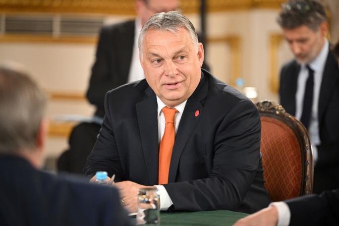 Hungary's Prime Minister Viktor Orban speaks, during a plenary session of the Visegrad Four or V4 and UK, hosted by British Prime Minister Boris Johnson, at Lancaster House, in London, Tuesday, March 8, 2022. The Prime Ministers of UK, Poland, Slovakia, Czech Republic and Hungary met in London to discuss European security, Ukraine and the looming energy crisis. (Leon Neal/Pool Photo via AP)
